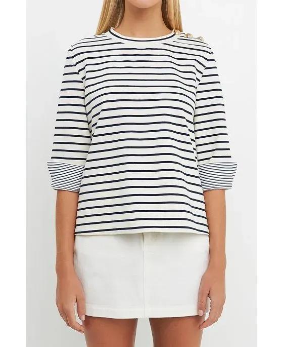 Women's Striped Breton Tee with Fold Over Combo Cuff