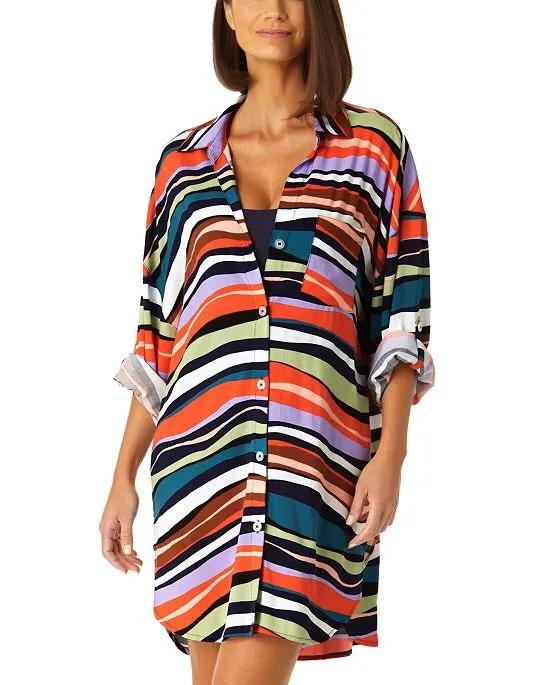 Women's Striped Button-Front Roll-Tab-Sleeve Cover-Up