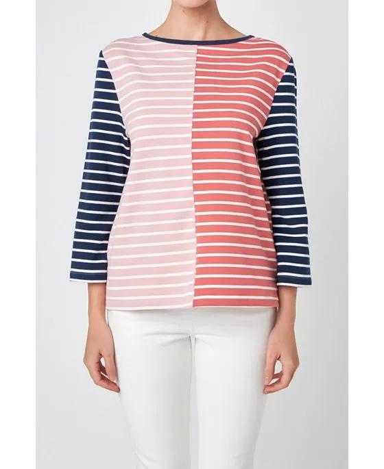 Women's Striped Color Blocked 3/4 Length Sleeve Tee