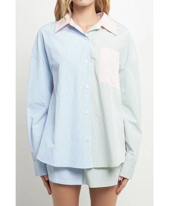 Women's Striped Color Blocked Oversized Shirt