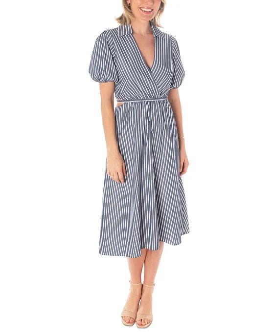 Women's Striped Cutout Puff-Sleeve Midi Dress
