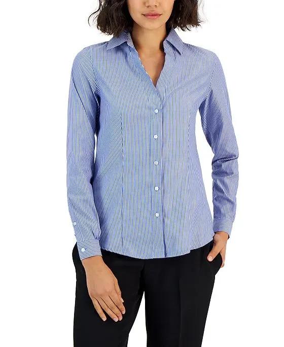 Women's Striped Easy Care Button Up Long Sleeve Blouse 
