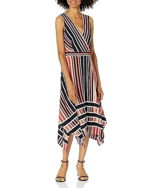 Women's Striped Hammered Crepe Asymmetrical Hem Midi Dress