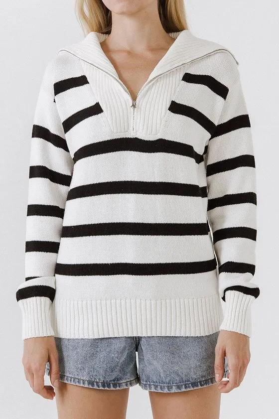 Women's Striped Knit Zip Pullover Sweater