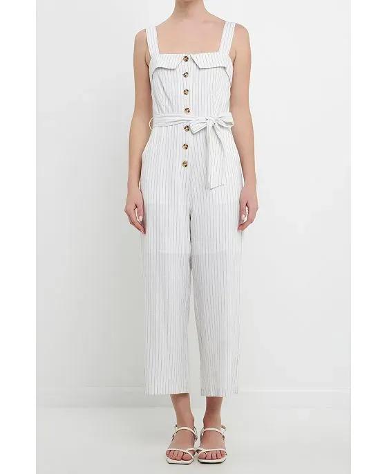 Women's Striped Linen Jumpsuit with Wooden Buttons