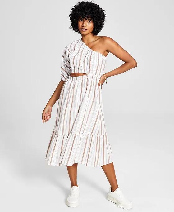 Women's Striped One-Shoulder Cutout Cotton Dress