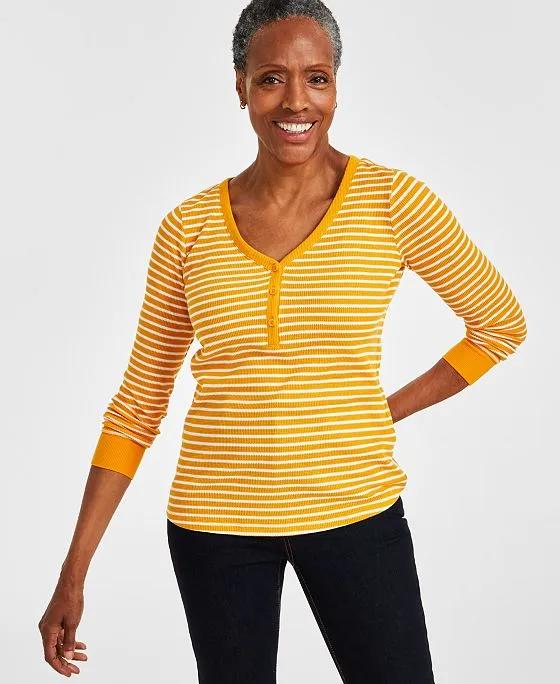 Women's Striped Textured Henley Top, Created for Macy's