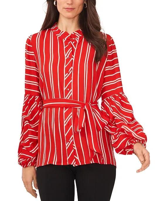 Women's Striped Tiered-Sleeve Tie-Front Blouse