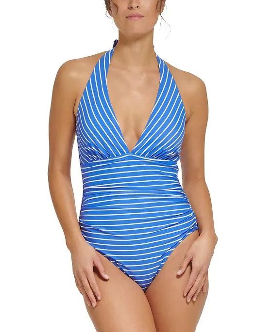 Women's Striped Tummy-Control One-Piece Halter Swimsuit