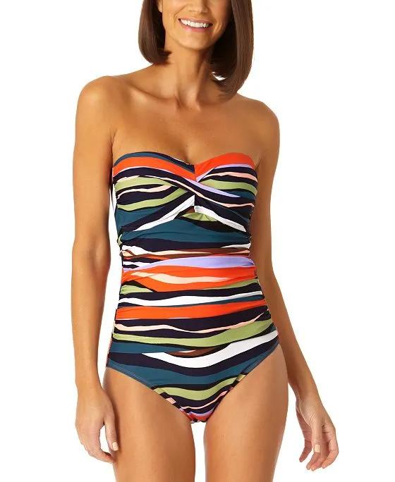 Women's Striped Twist-Front Ruched One-Piece Swimsuit