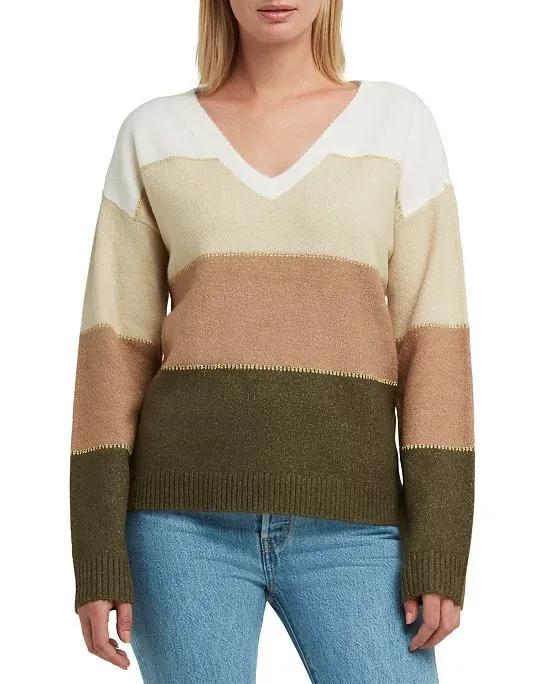 Women's Striped V-Neck Drop-Shoulder Sweater