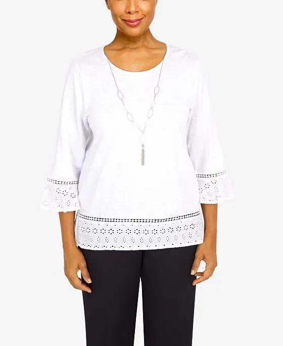 Women's Summer in The City Eyelet Border Crew Neck Top with Necklace