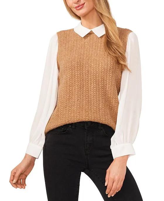 Women's Sweater-Vest Blouson-Sleeve Collared Blouse 