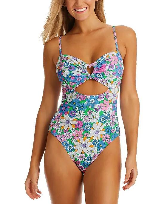 Women's Textured Crazy Daisy Heart Ring Cut-Out One-Piece Swimsuit