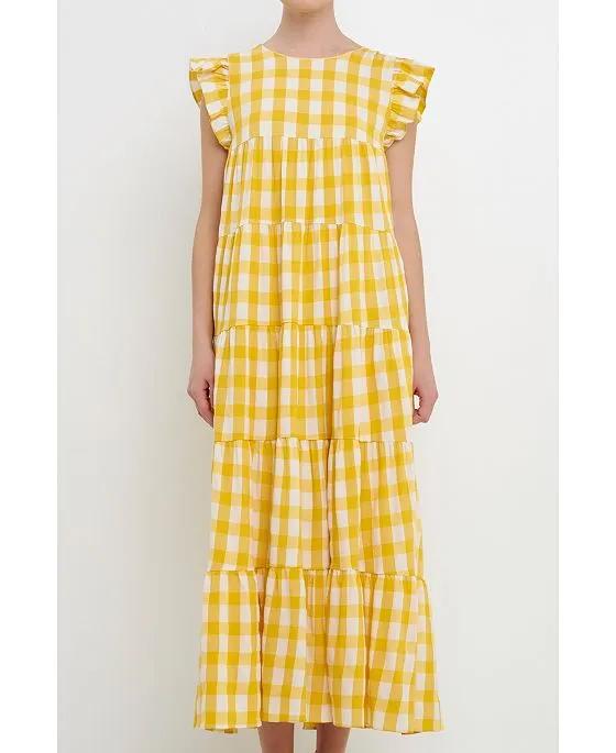 Women's Textured Gingham Maxi Tiered Baby Doll Dress