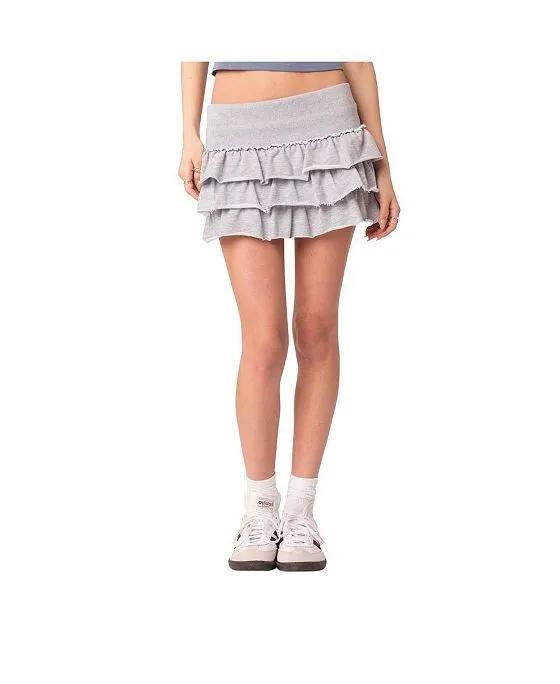 Women's Three Tiered Ruffles French Terry Mini Skirt