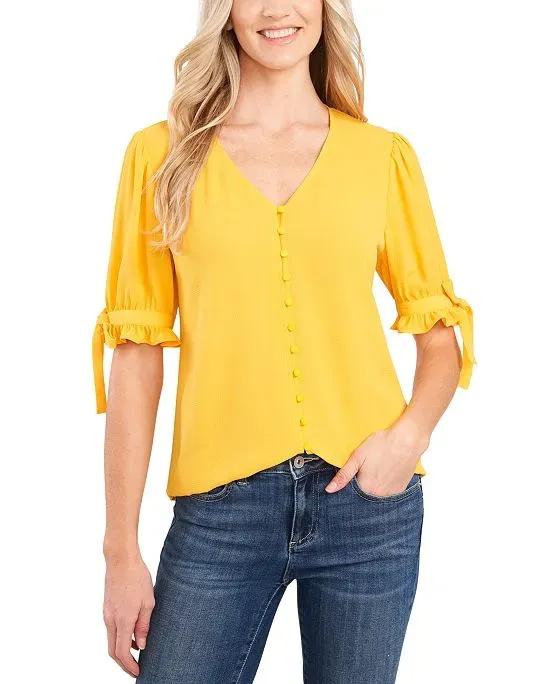 Women's Tie 3/4-Sleeve Button-Up V-Neck Blouse