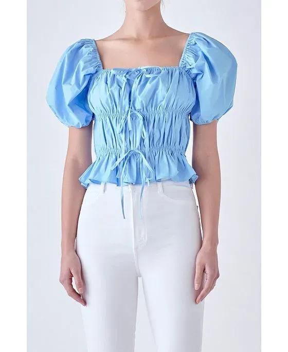 Women's Tie Detail Shirring Top with Short Sleeves