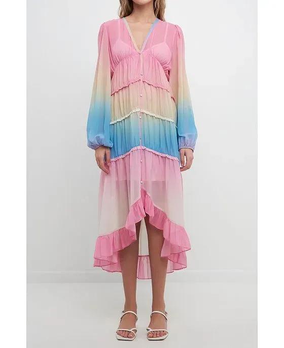 Women's Tie Dye Print Ruffle High-Low Dress