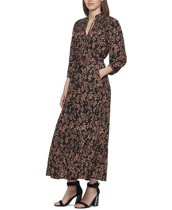 Women's Tie-Neck Smocked-Yoke Maxi Dress