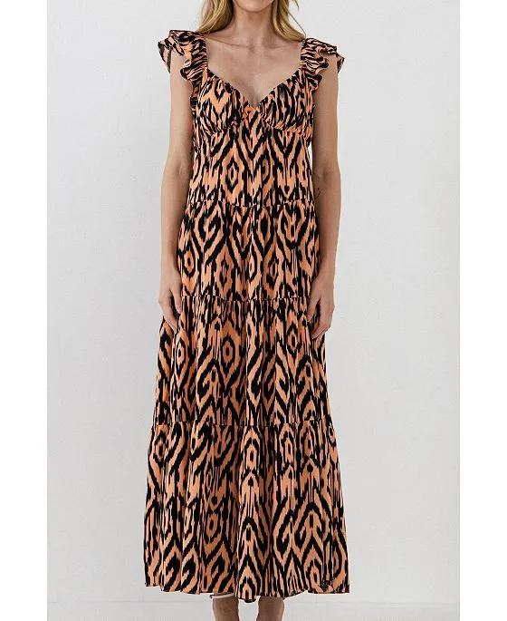 Women's Tiger Print Ruffle Sleeve Maxi Dress