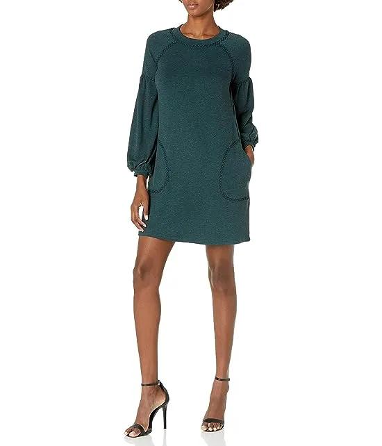 Women's Topstitched Puffy Sleeve Sweater Dress