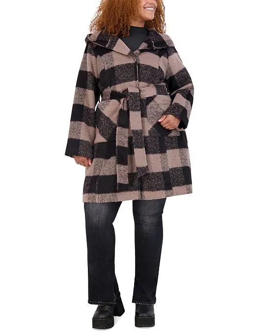 Women's Trendy Plus Size Hooded Belted Wrap Coat