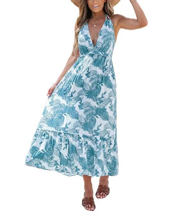 Women's Tropical Leaf Print Smocking Maxi Dress
