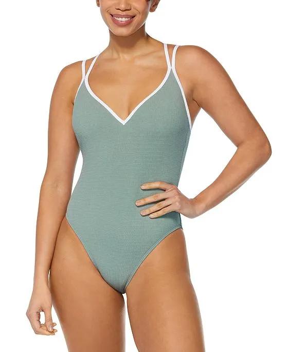 Women's Twin-Strap Piping-Trim One-Piece Swimsuit