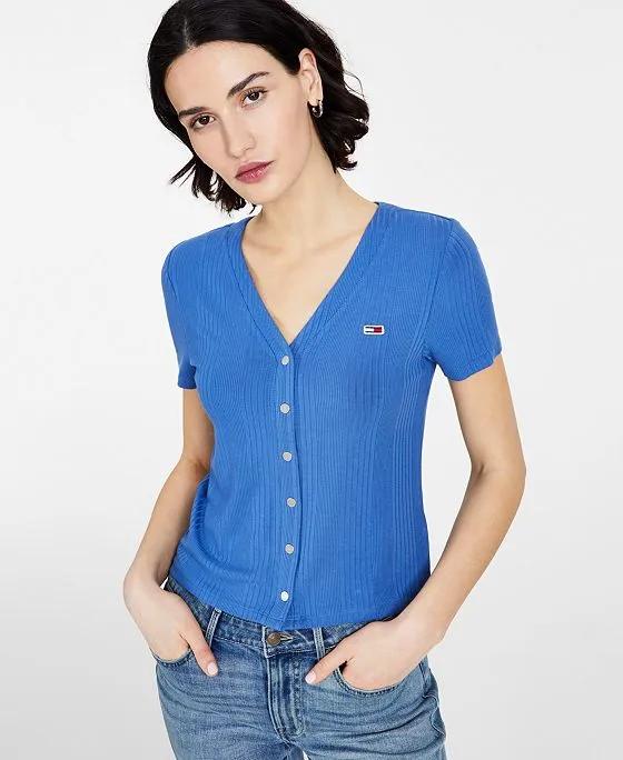 Women's V-Neck Button-Trimmed Ribbed Top