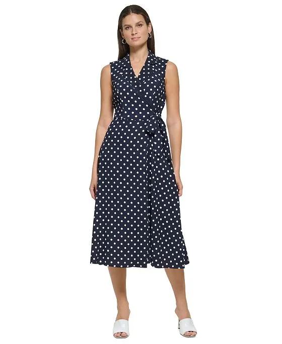 Women's V-Neck Dot-Print Sleeveless Wrap Midi Dress