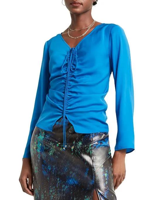 Women's V-Neck Ruched-Front Long-Sleeve Top