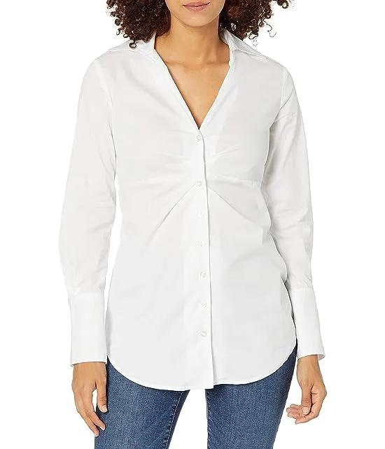 Women's V-Neck Ruched Front Poplin Button Down