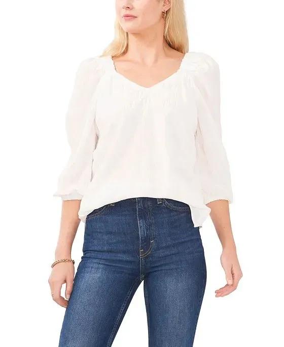 Women's V-neck Ruched Strap Puff Sleeve Top