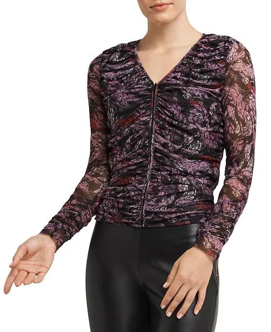 Women's V-Neck Zip Ruched Long-Sleeve Top