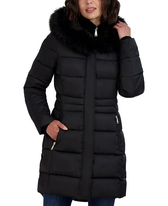 Women's Velvet Bibbed Faux-Fur-Trim Hooded Puffer Coat