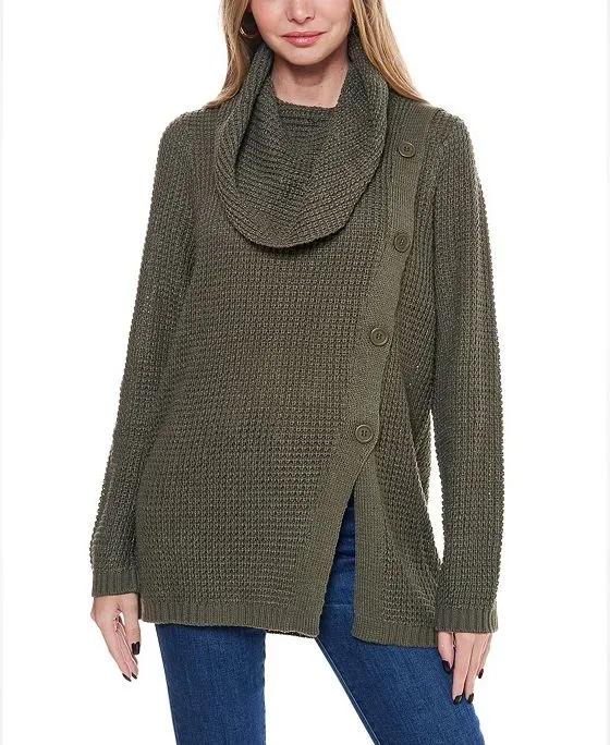 Women's Waffle Knit Cowl Neck Sweater with Buttons