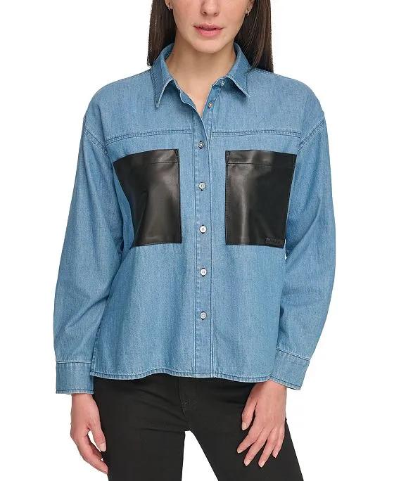 Women's Women's Faux-Leather-Pocket Chambray Shirt