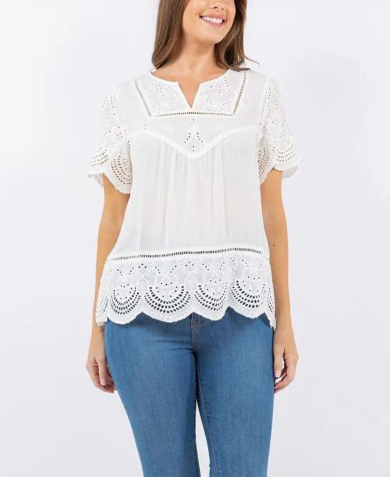 Women's Woven Mixed with Knit Cap Sleeve Top with Eyelet Embroidery