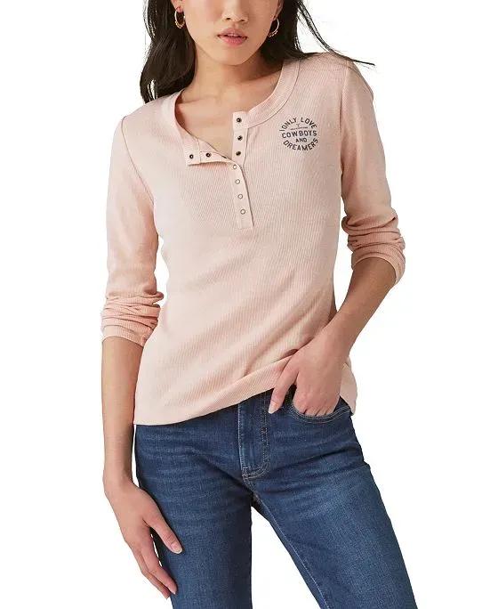 Women's Yellowstone Cowboys And Dreamers Cotton Henley Top