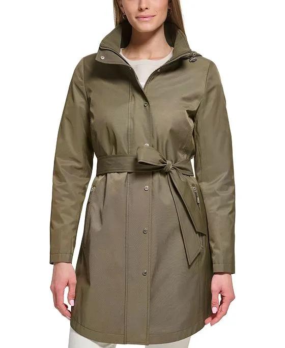 Women's Zip-Front Hooded Belted Raincoat