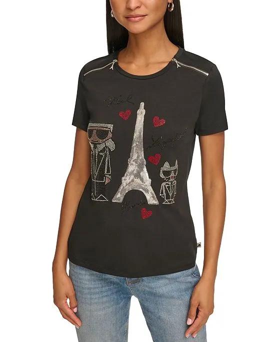 Women's Zip-Shoulder Embellished Icon T-Shirt