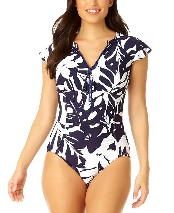Women's Zippered-Neck Flutter-Sleeve One-Piece Swimsuit
