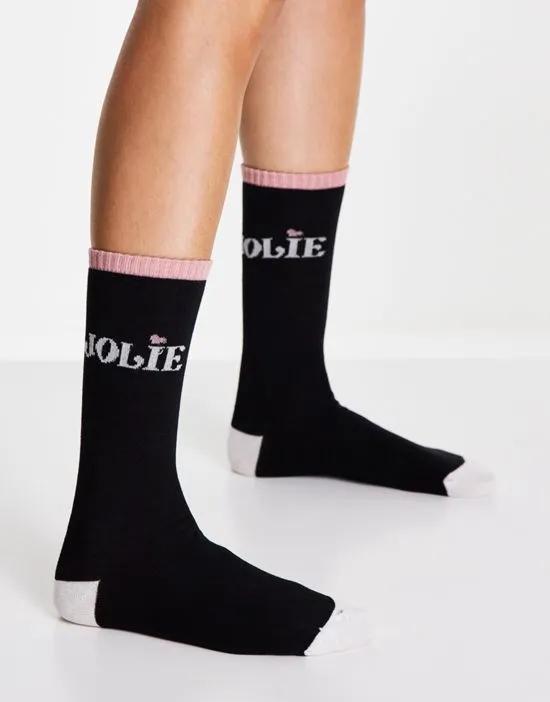 Women’secret crew sock with jolie slogan detail in black