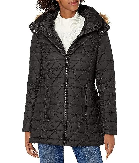 Womens Chevron Quilted Down Jacket with Removable Faux Fur Hood