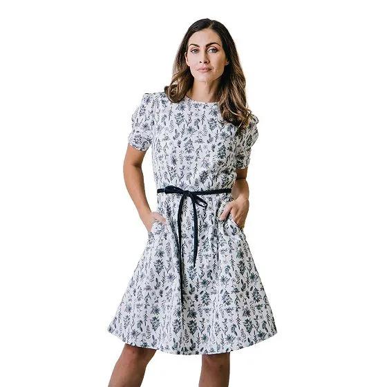 Womens' Short Pleated Sleeve Woven Dress with Waist Tie, Womens