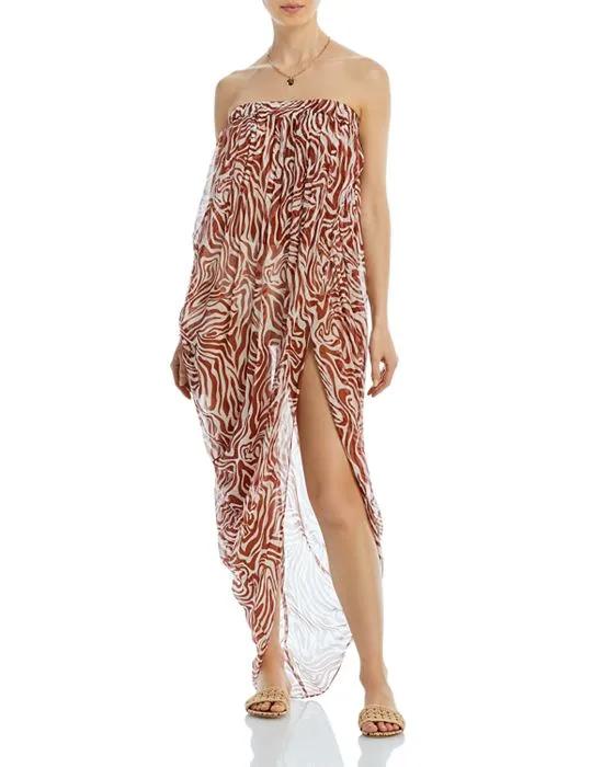 Woodblock Zebra Strapless Maxi Dress Swim Cover-Up