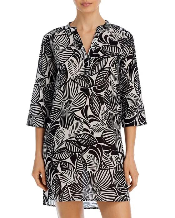 Woodcut Floral Tunic Swim Cover-Up