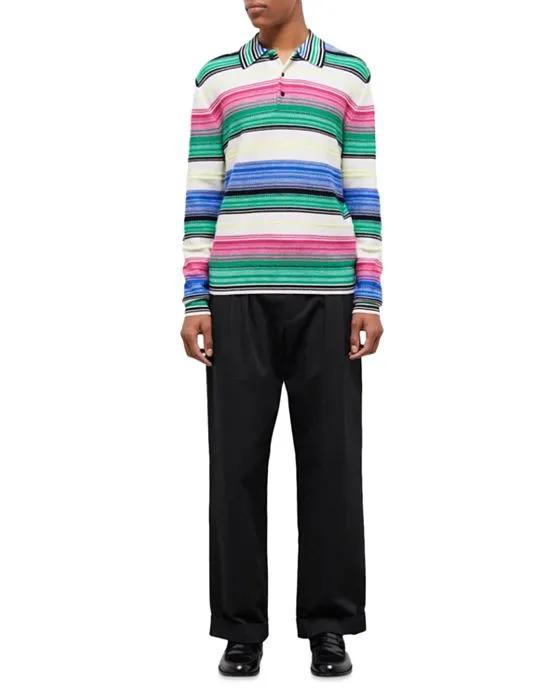 Wool Blend Gradient Stripe Straight Fit Long Sleeve Polo Shirt 