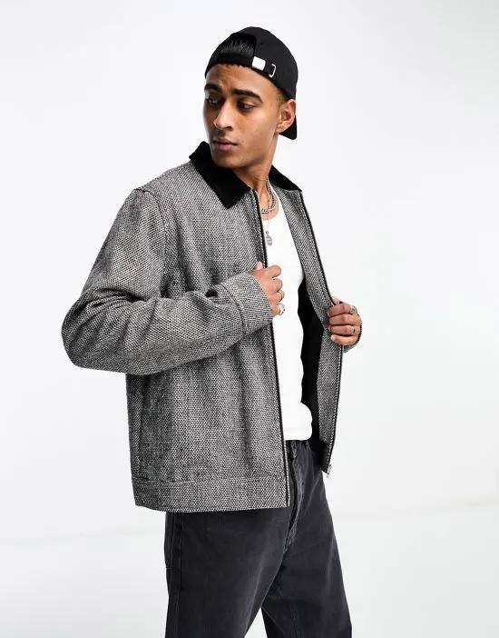 wool look textured harrington jacket with cord collar